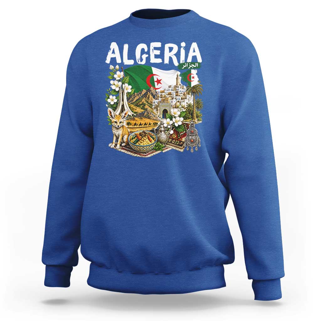 Algeria Algerian Culture and Landmarks Collage Graphic Sweatshirt Proud Fennec Fox Heritage and Arabic Calligraphy