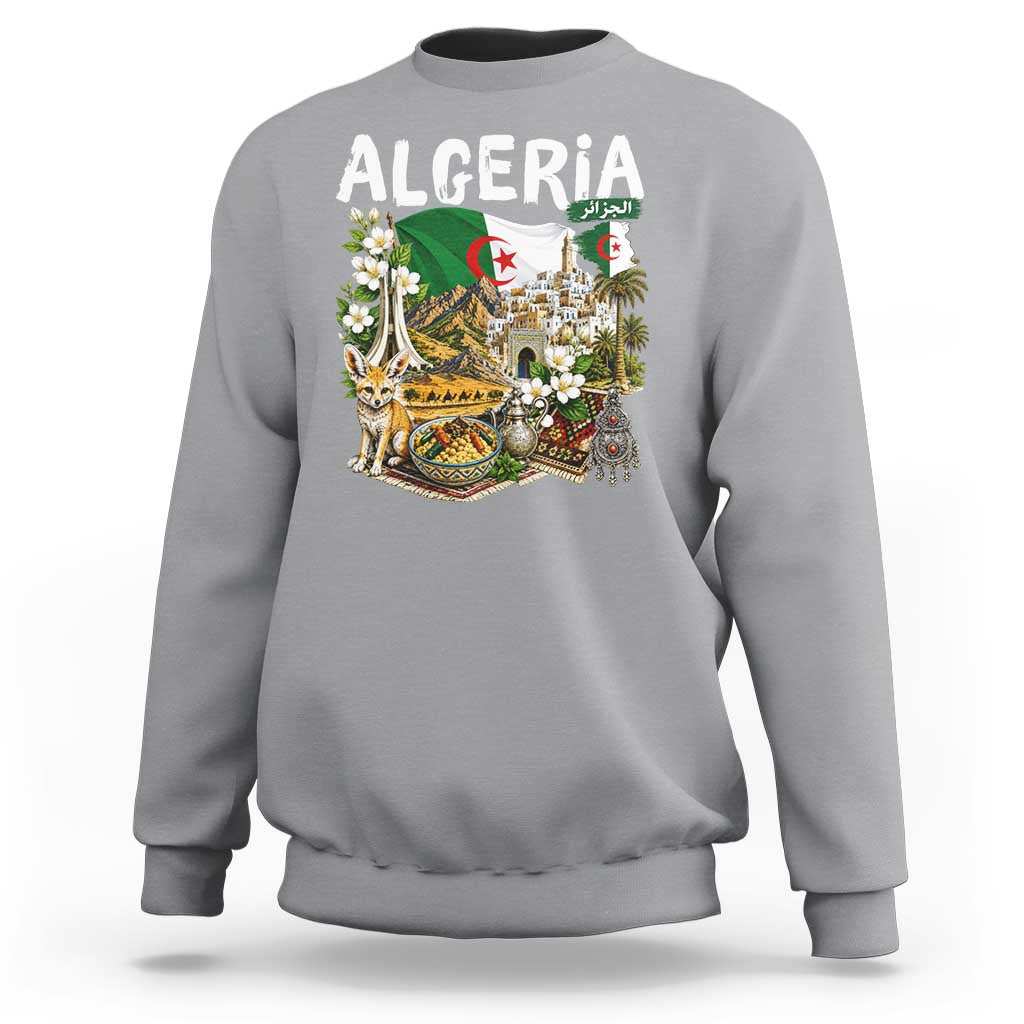 Algeria Algerian Culture and Landmarks Collage Graphic Sweatshirt Proud Fennec Fox Heritage and Arabic Calligraphy