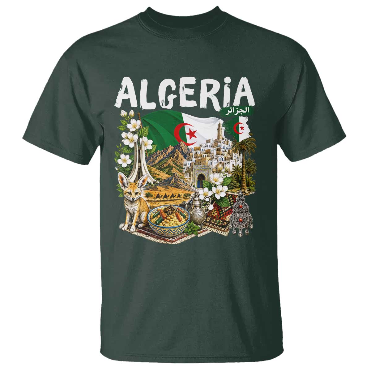 Algeria Algerian Culture and Landmarks Collage Graphic T Shirt Proud Fennec Fox Heritage and Arabic Calligraphy