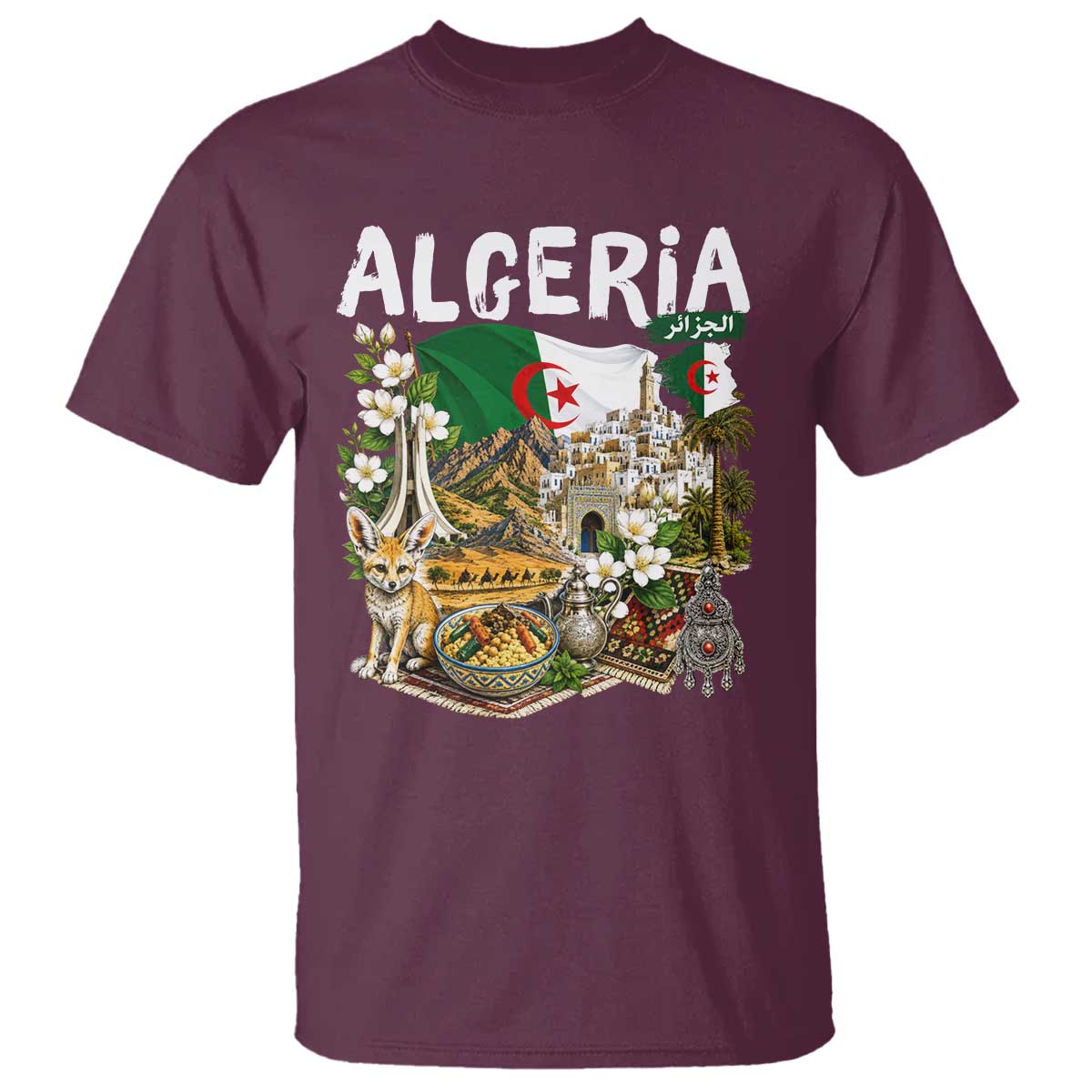 Algeria Algerian Culture and Landmarks Collage Graphic T Shirt Proud Fennec Fox Heritage and Arabic Calligraphy