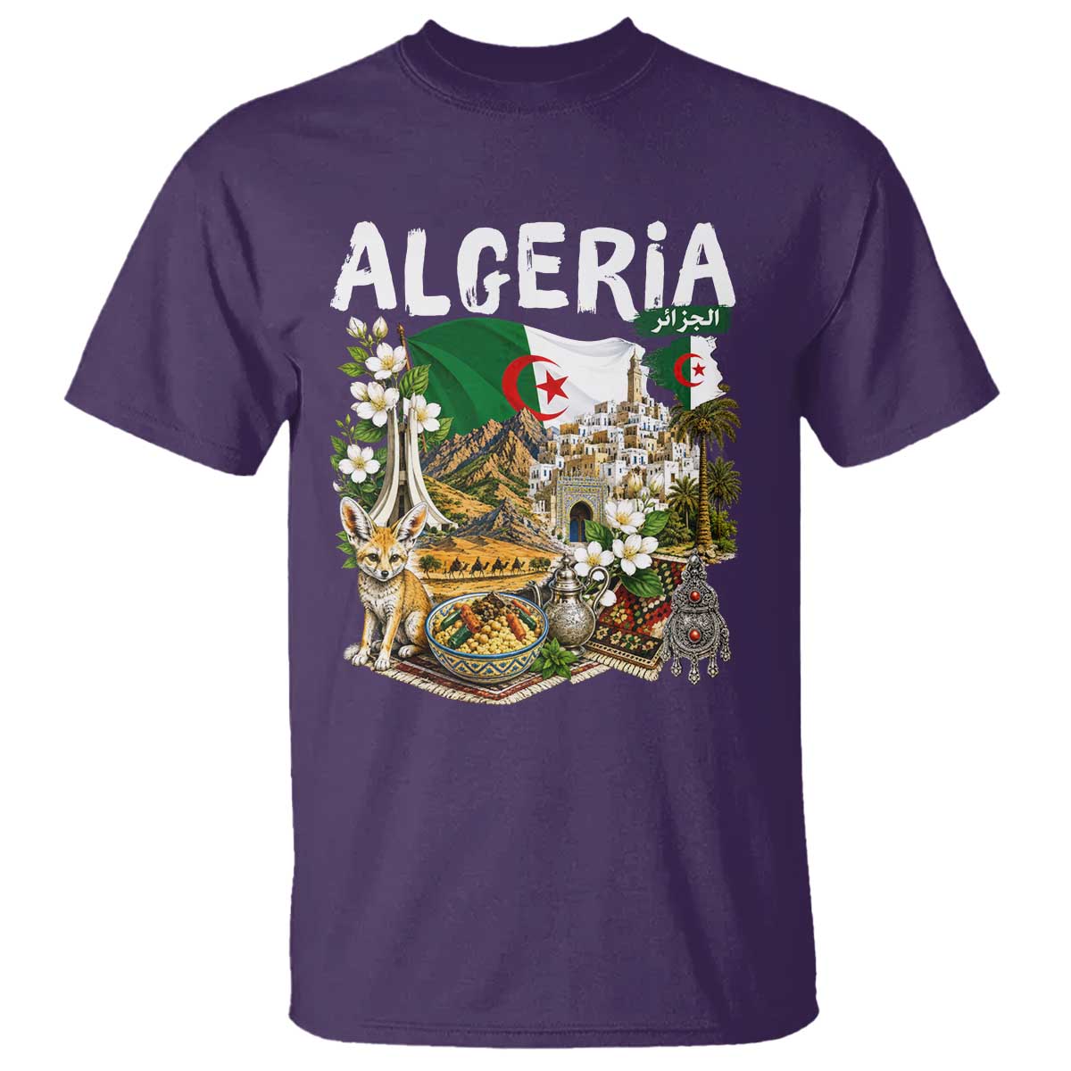 Algeria Algerian Culture and Landmarks Collage Graphic T Shirt Proud Fennec Fox Heritage and Arabic Calligraphy