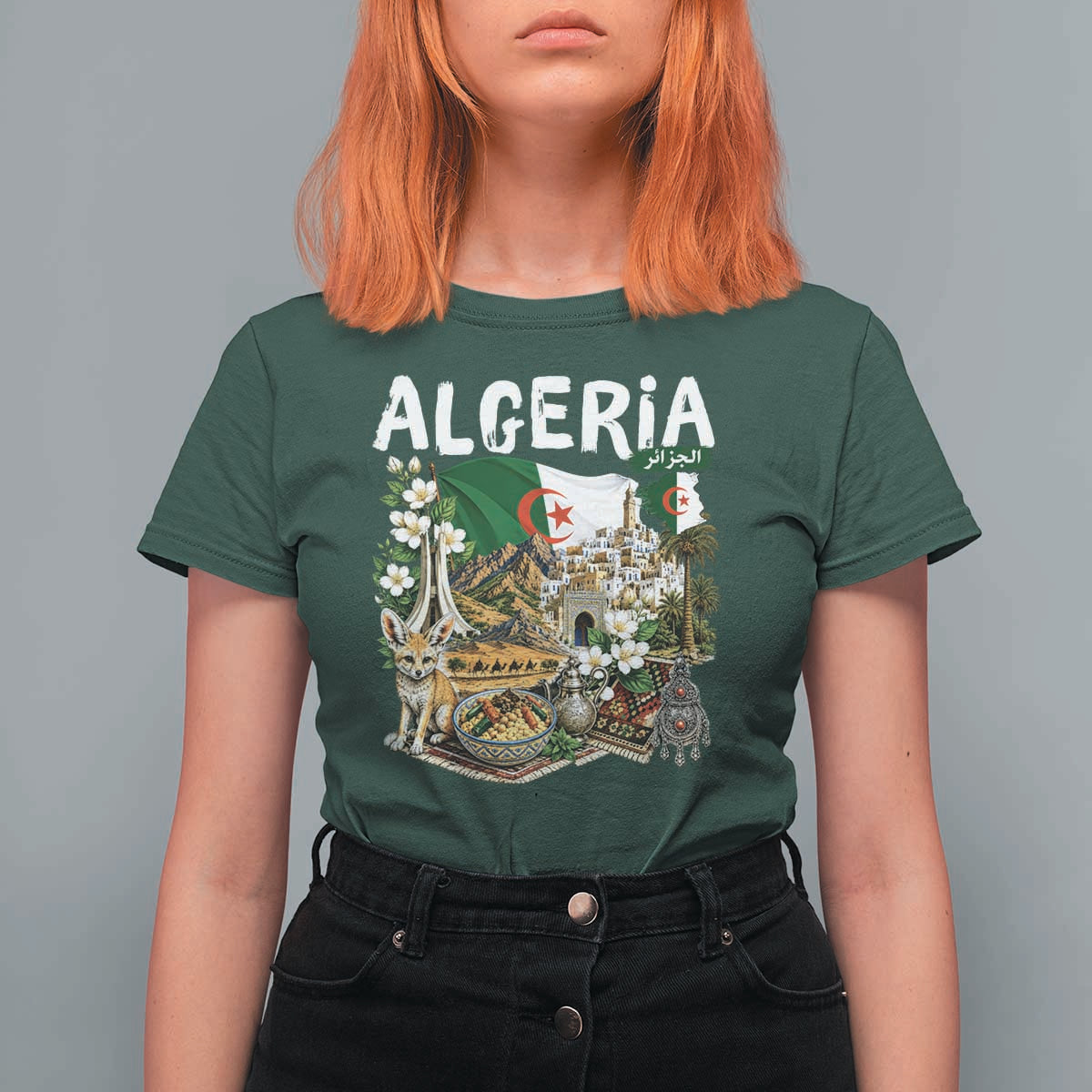 Algeria Algerian Culture and Landmarks Collage Graphic T Shirt For Women Proud Fennec Fox Heritage and Arabic Calligraphy