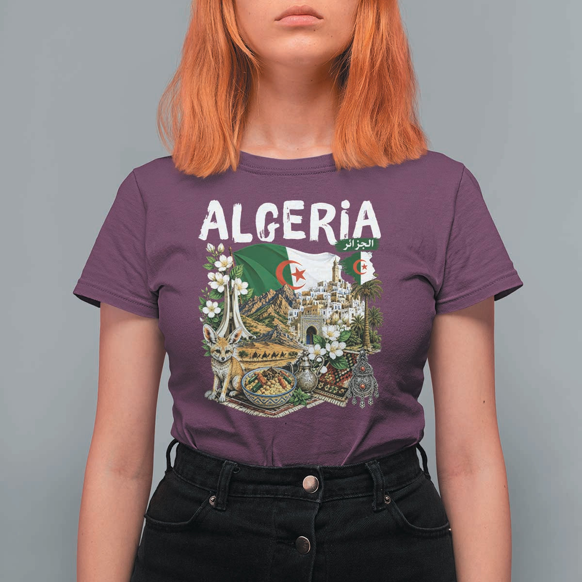 Algeria Algerian Culture and Landmarks Collage Graphic T Shirt For Women Proud Fennec Fox Heritage and Arabic Calligraphy
