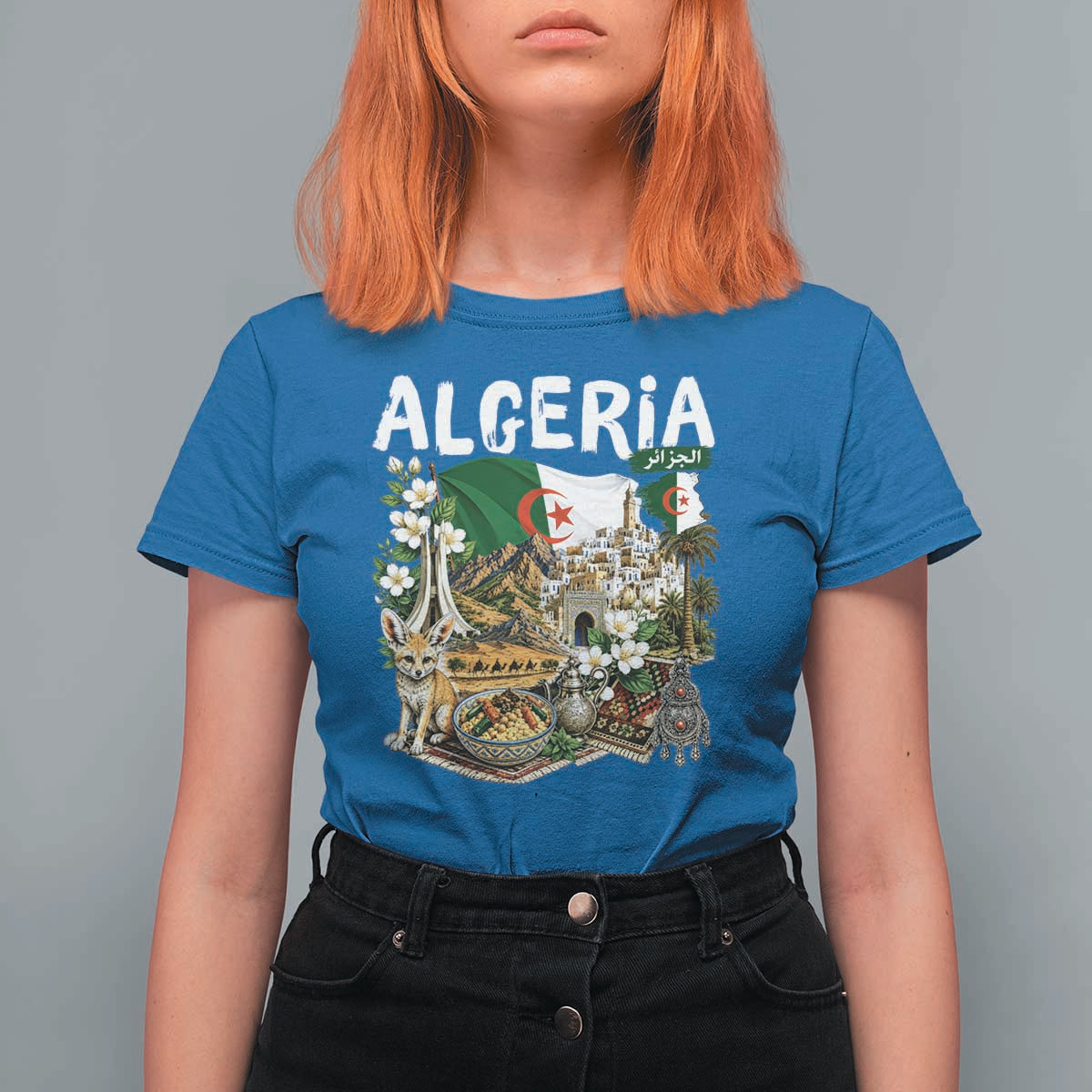 Algeria Algerian Culture and Landmarks Collage Graphic T Shirt For Women Proud Fennec Fox Heritage and Arabic Calligraphy