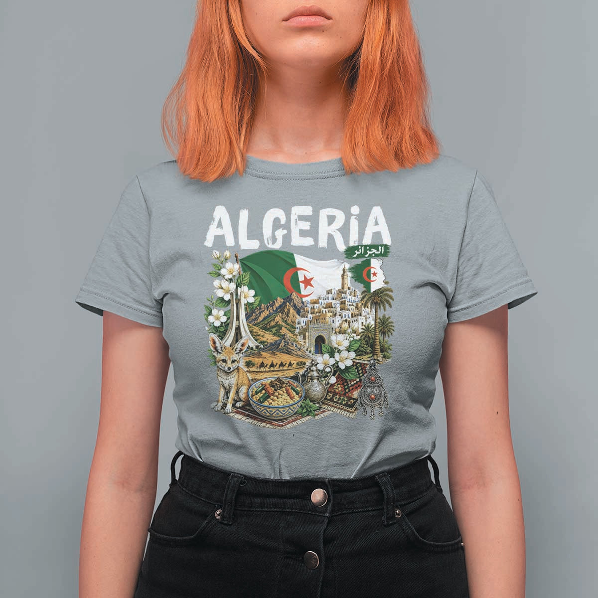 Algeria Algerian Culture and Landmarks Collage Graphic T Shirt For Women Proud Fennec Fox Heritage and Arabic Calligraphy