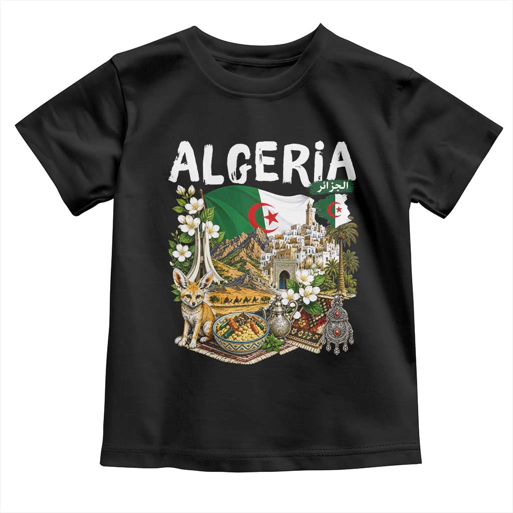 Algeria Algerian Culture and Landmarks Collage Graphic Toddler T Shirt Proud Fennec Fox Heritage and Arabic Calligraphy