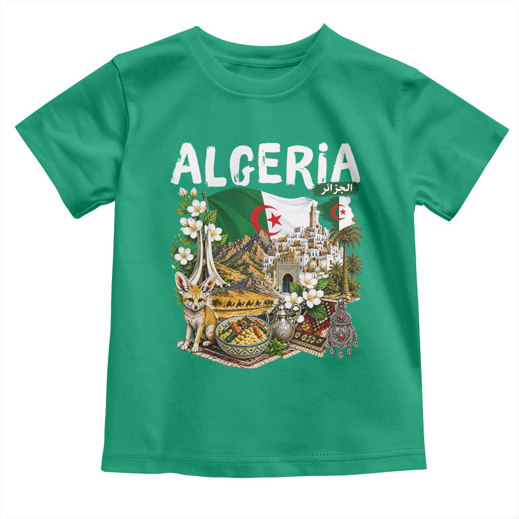 Algeria Algerian Culture and Landmarks Collage Graphic Toddler T Shirt Proud Fennec Fox Heritage and Arabic Calligraphy