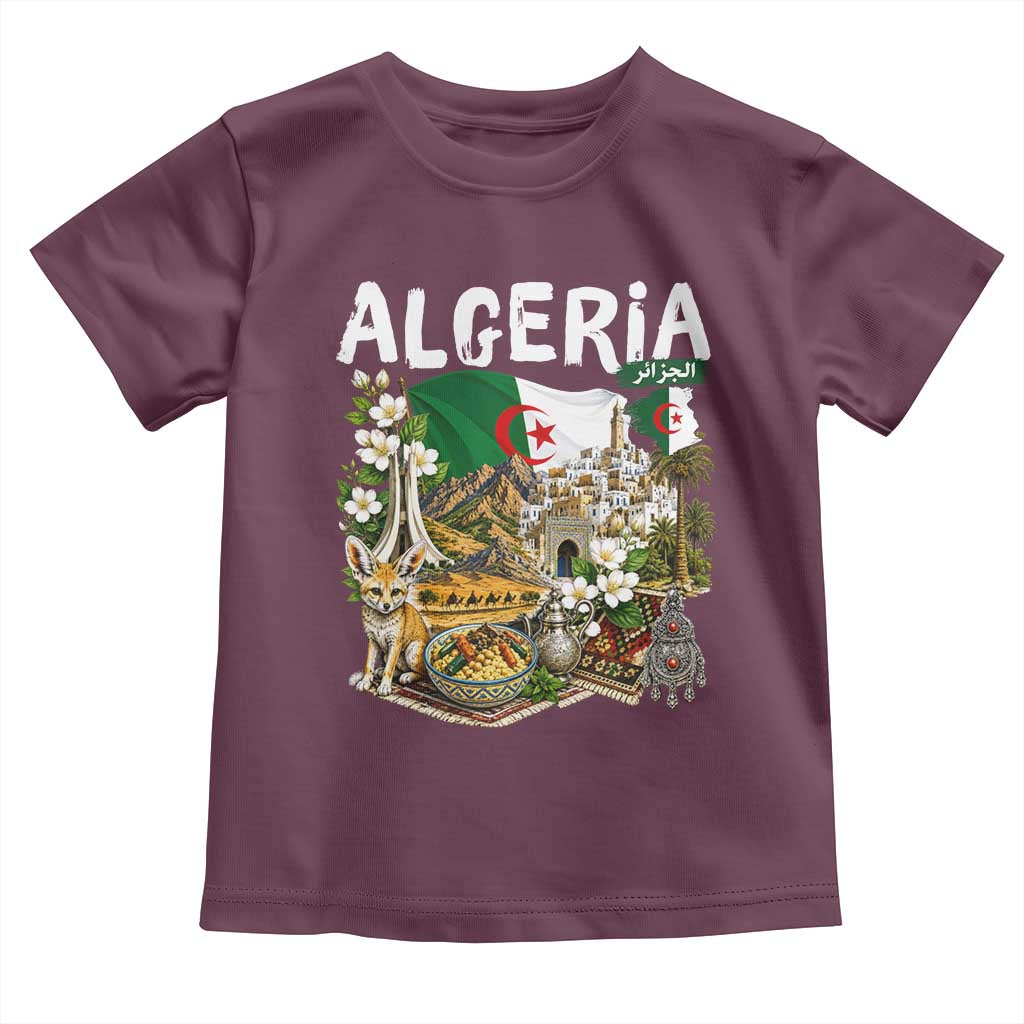 Algeria Algerian Culture and Landmarks Collage Graphic Toddler T Shirt Proud Fennec Fox Heritage and Arabic Calligraphy