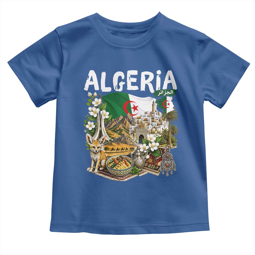 Algeria Algerian Culture and Landmarks Collage Graphic Toddler T Shirt Proud Fennec Fox Heritage and Arabic Calligraphy