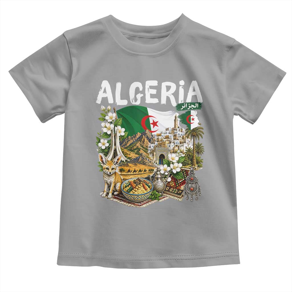 Algeria Algerian Culture and Landmarks Collage Graphic Toddler T Shirt Proud Fennec Fox Heritage and Arabic Calligraphy
