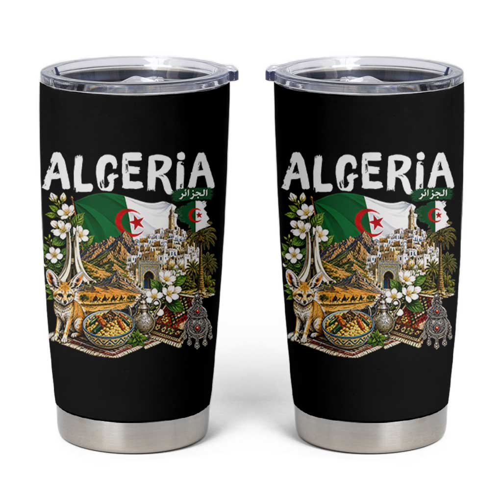 Algeria Algerian Culture and Landmarks Collage Graphic Tumbler Cup Proud Fennec Fox Heritage and Arabic Calligraphy