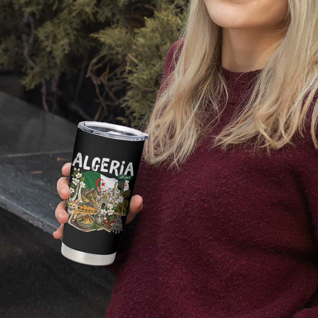 Algeria Algerian Culture and Landmarks Collage Graphic Tumbler Cup Proud Fennec Fox Heritage and Arabic Calligraphy