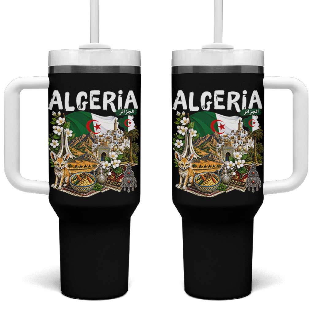 Algeria Algerian Culture and Landmarks Collage Graphic Tumbler With Handle Proud Fennec Fox Heritage and Arabic Calligraphy