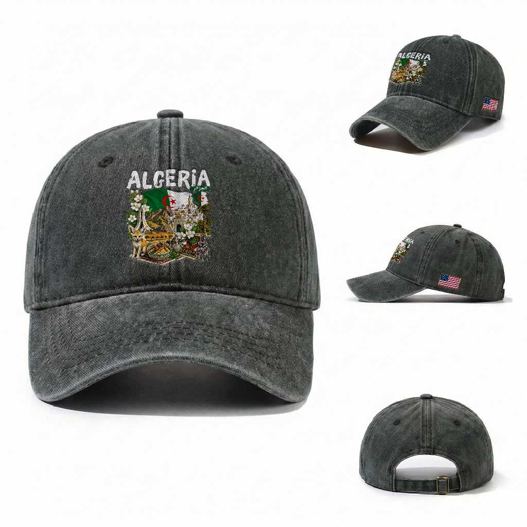 Algeria Algerian Culture and Landmarks Collage Graphic Washed Cotton Baseball Cap Proud Fennec Fox Heritage and Arabic Calligraphy