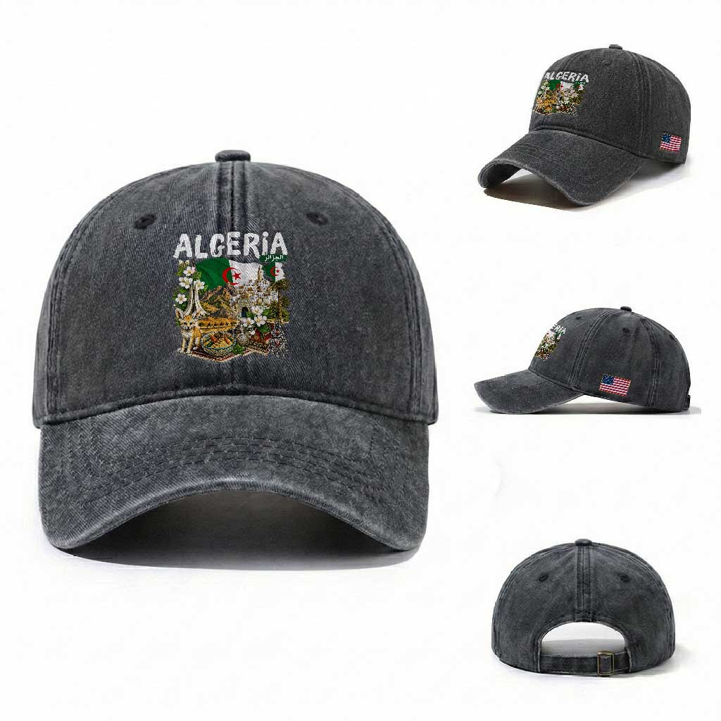 Algeria Algerian Culture and Landmarks Collage Graphic Washed Cotton Baseball Cap Proud Fennec Fox Heritage and Arabic Calligraphy