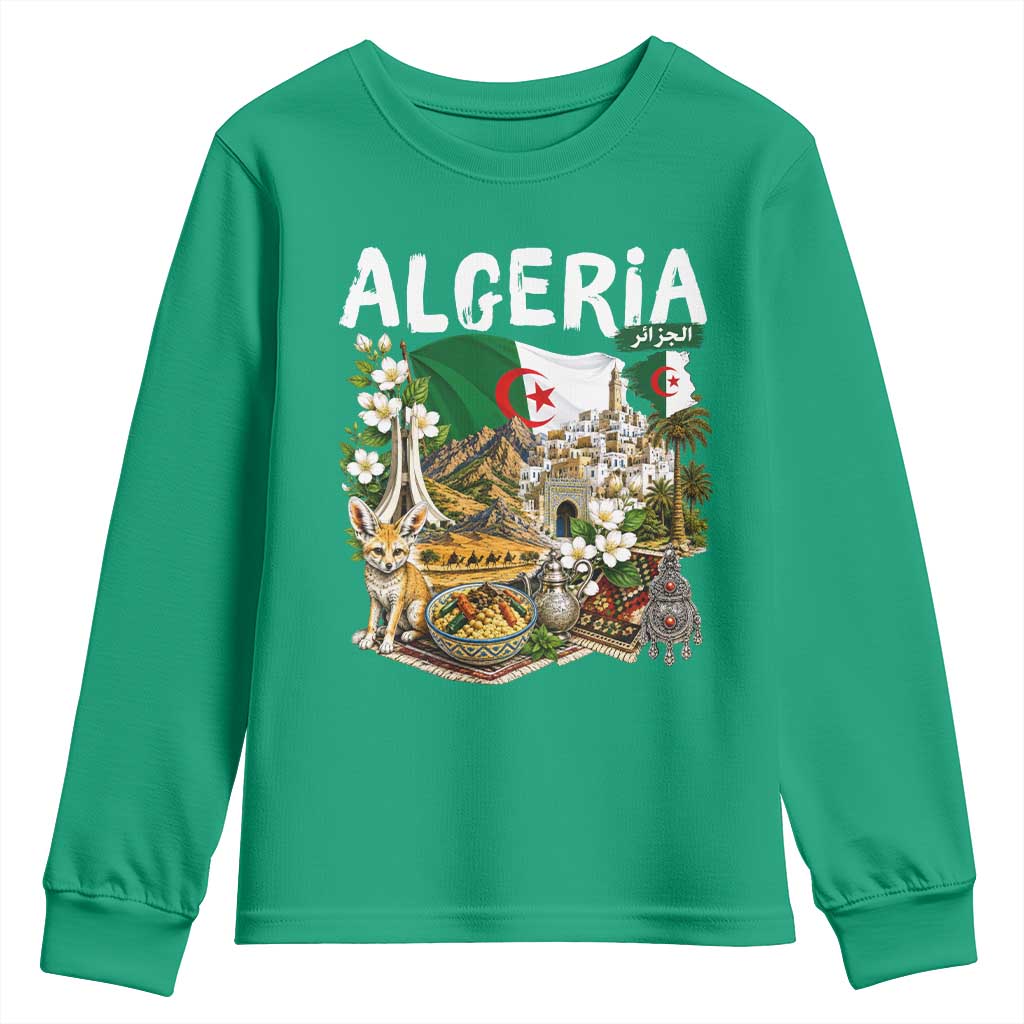 Algeria Algerian Culture and Landmarks Collage Graphic Youth Sweatshirt Proud Fennec Fox Heritage and Arabic Calligraphy
