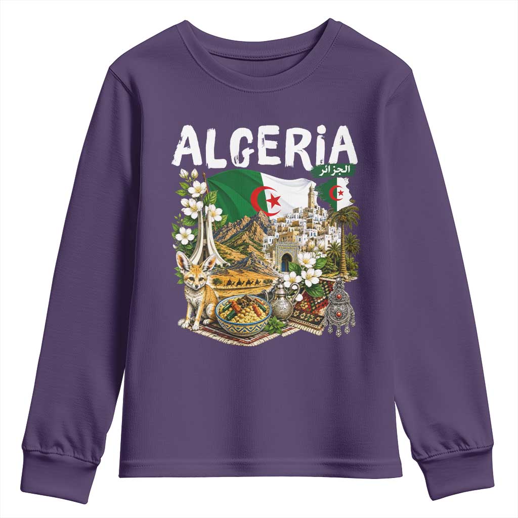 Algeria Algerian Culture and Landmarks Collage Graphic Youth Sweatshirt Proud Fennec Fox Heritage and Arabic Calligraphy