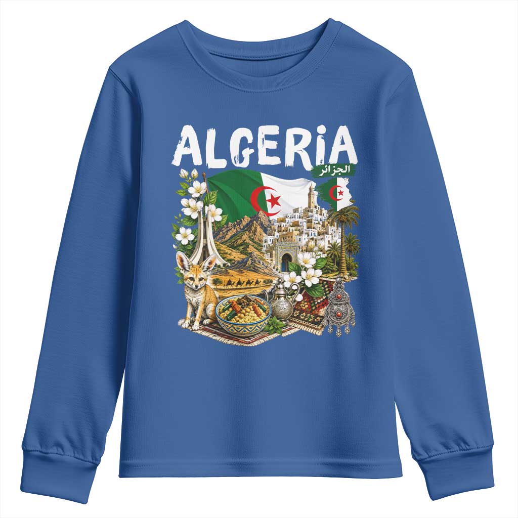 Algeria Algerian Culture and Landmarks Collage Graphic Youth Sweatshirt Proud Fennec Fox Heritage and Arabic Calligraphy