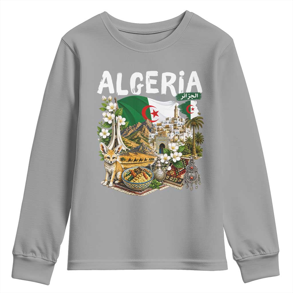 Algeria Algerian Culture and Landmarks Collage Graphic Youth Sweatshirt Proud Fennec Fox Heritage and Arabic Calligraphy