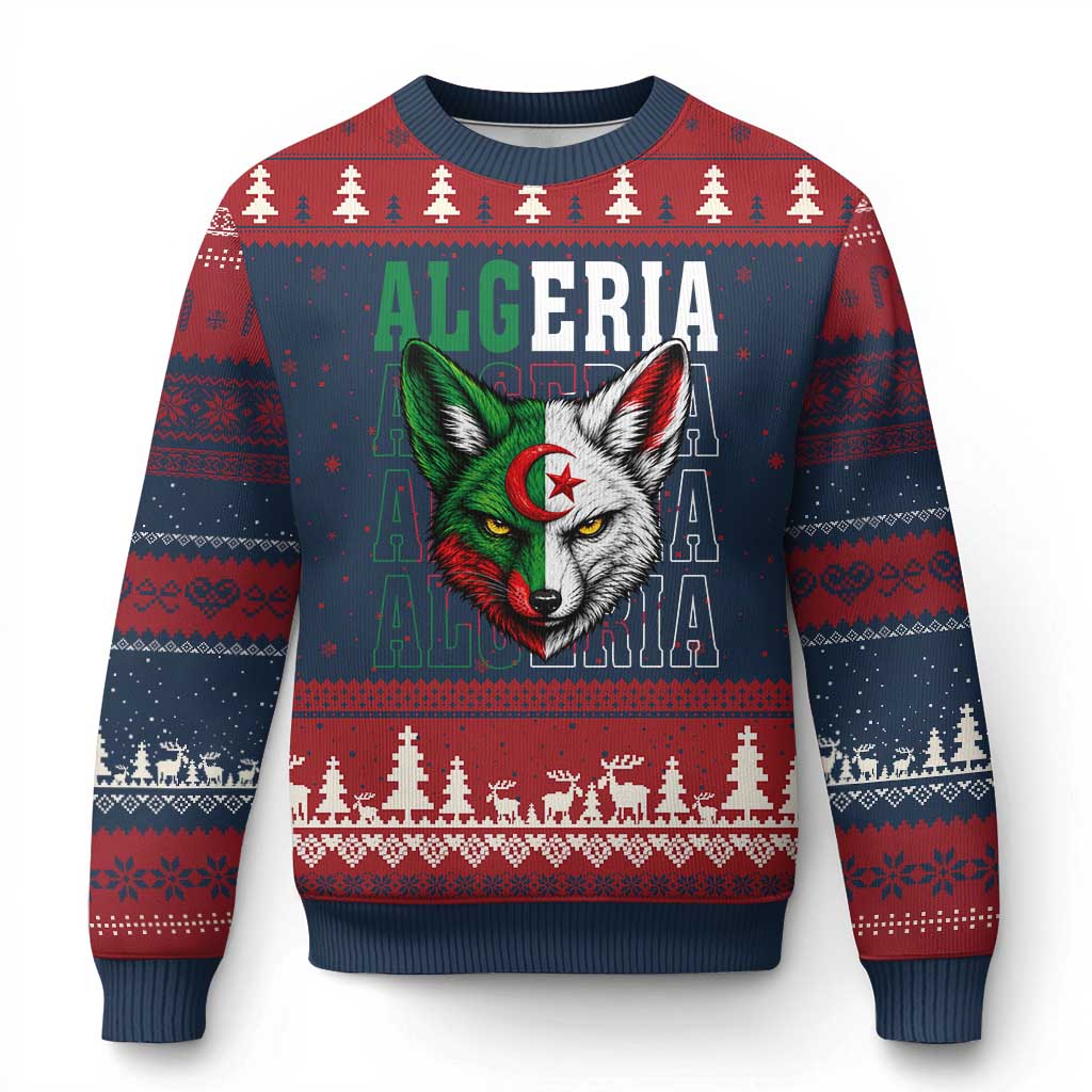 Algerian Fennec Fox Face Algeria National Flag Graphic Ugly Christmas Sweater Proud North African Desert Animal