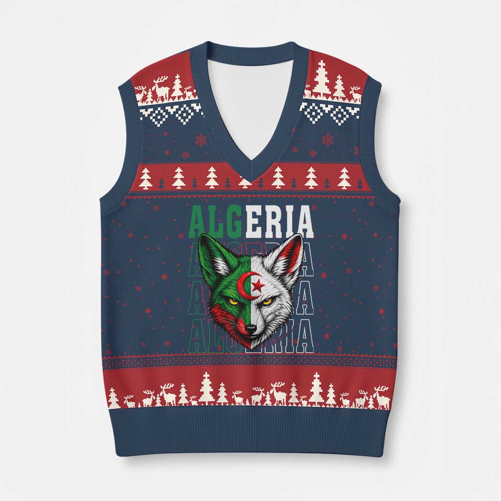 Algerian Fennec Fox Face Algeria National Flag Graphic V-Neck Knit Sweater Vest Proud North African Desert Animal