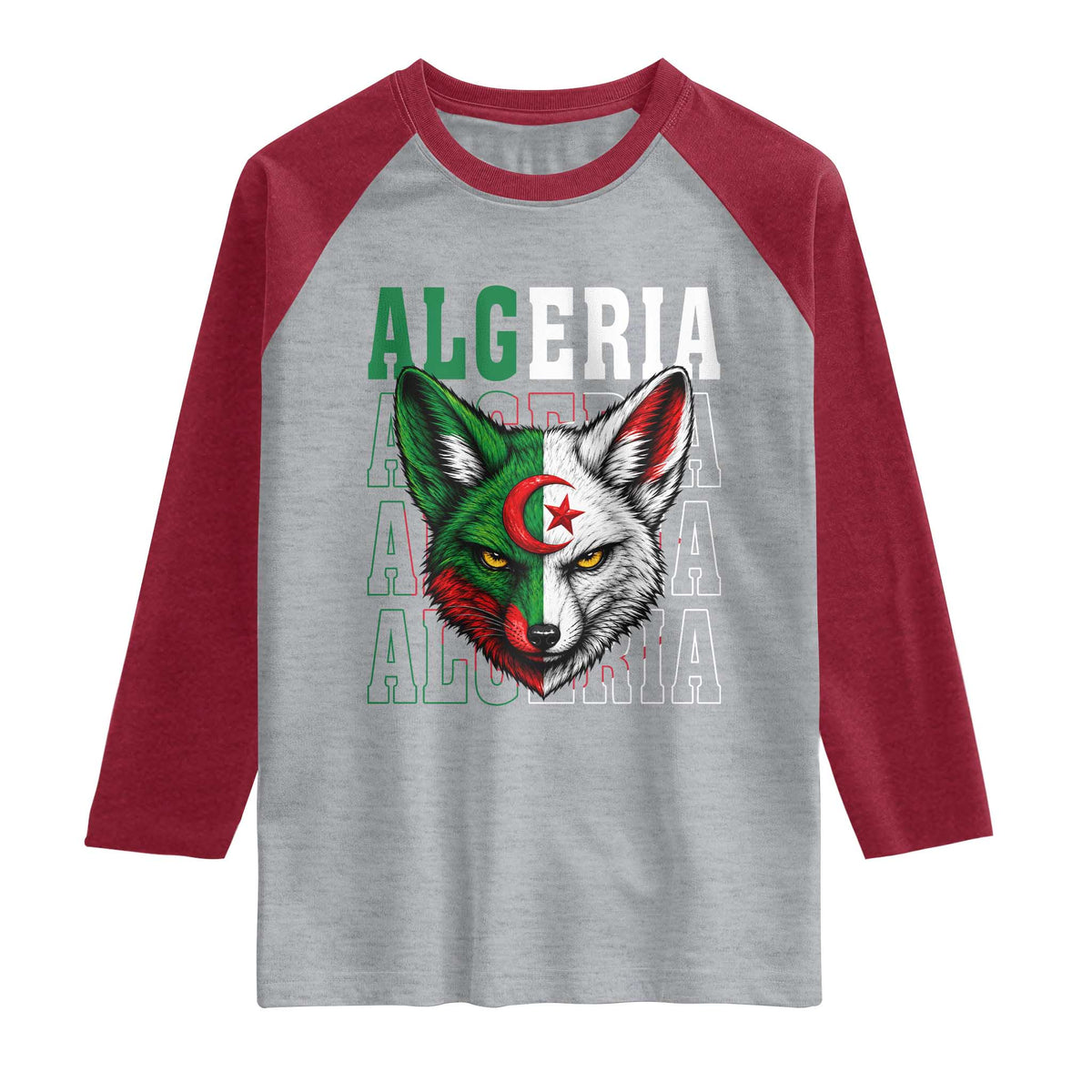 Algerian Fennec Fox Face Algeria National Flag Graphic Raglan Shirt Proud North African Desert Animal