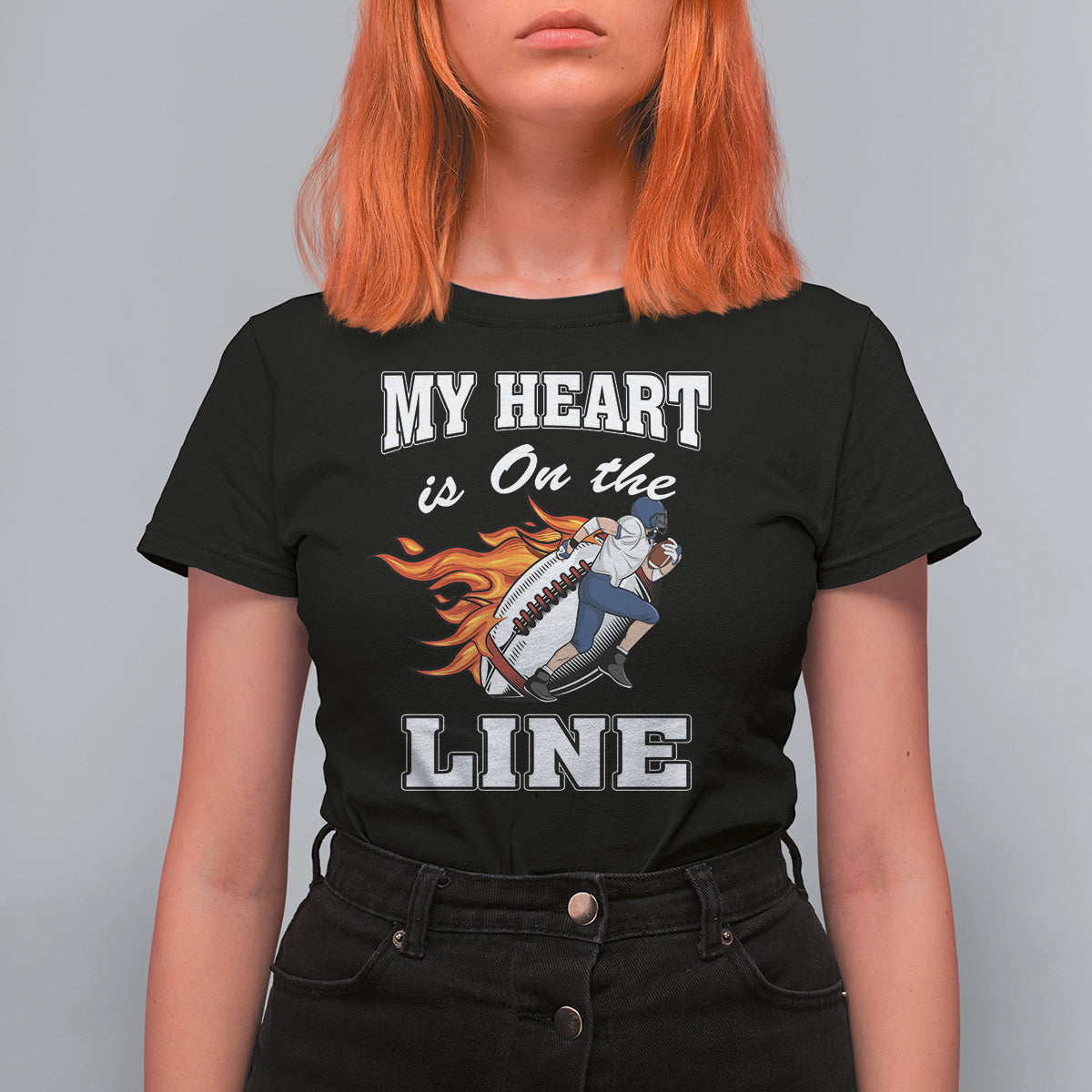 Football Mom T Shirt For Women My Heart Is On That Line Rugby Player - Wonder Print Shop