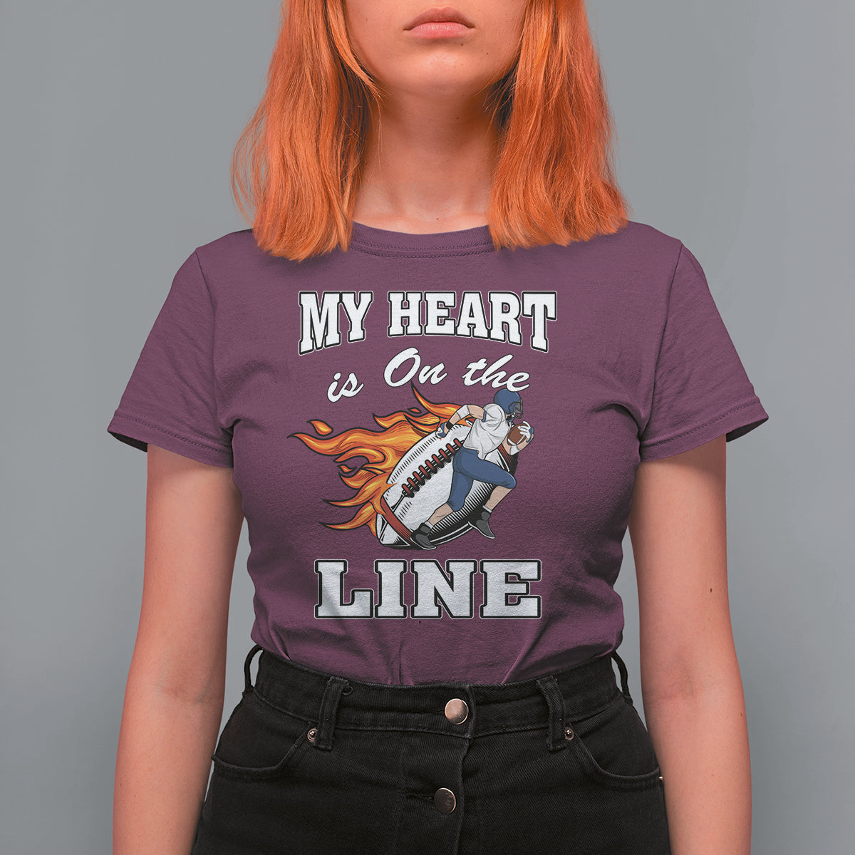 Football Mom T Shirt For Women My Heart Is On That Line Rugby Player - Wonder Print Shop