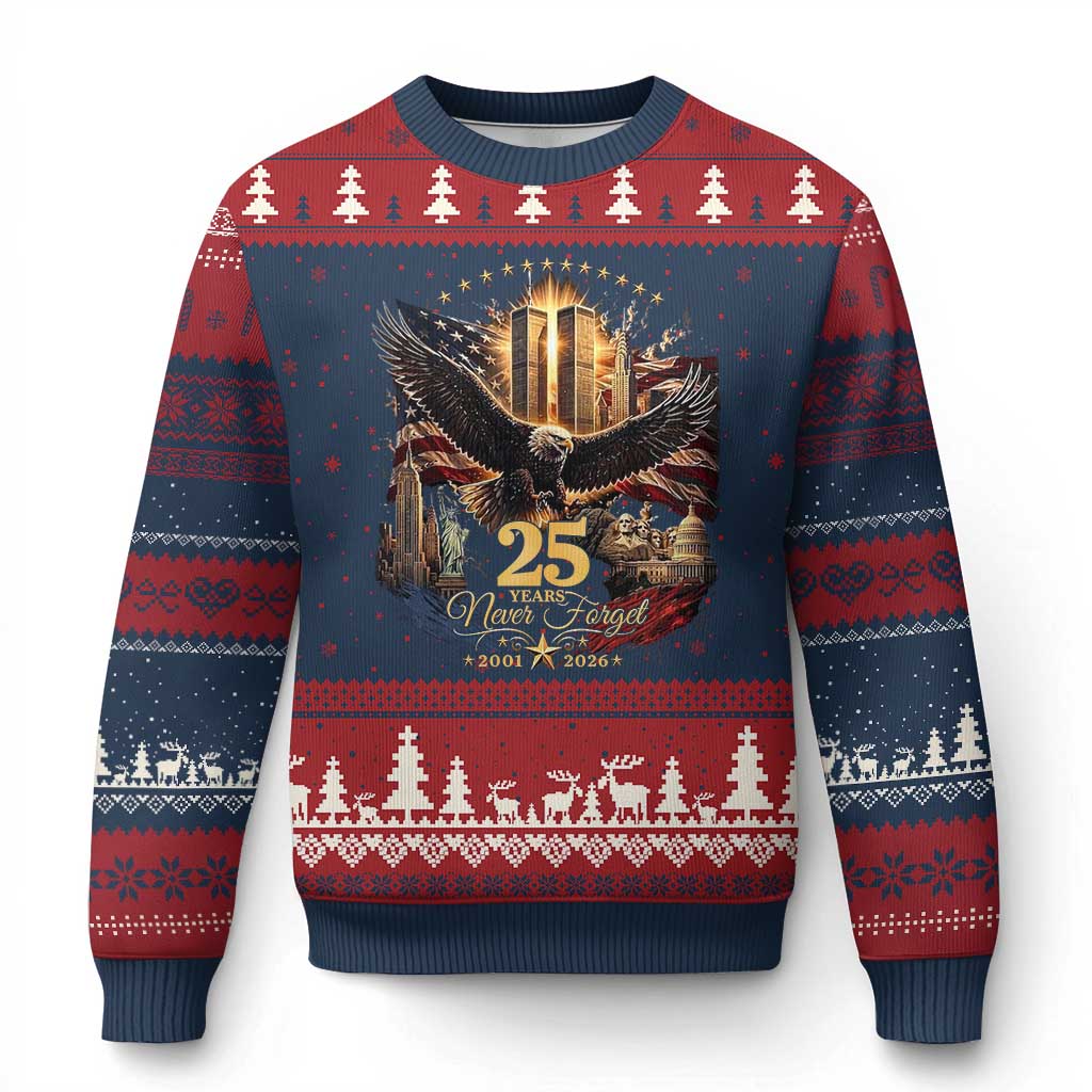 Patriotic American Eagle 9 11 Memorial 25th Anniversary Ugly Christmas Sweater 25 Years 2021 2026 Never Forget
