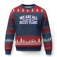We Are All On The Decoy Plane Theories Aviator Wings Blue Ugly Christmas Sweater Funny Satirical Meme Conspiracy Commentary