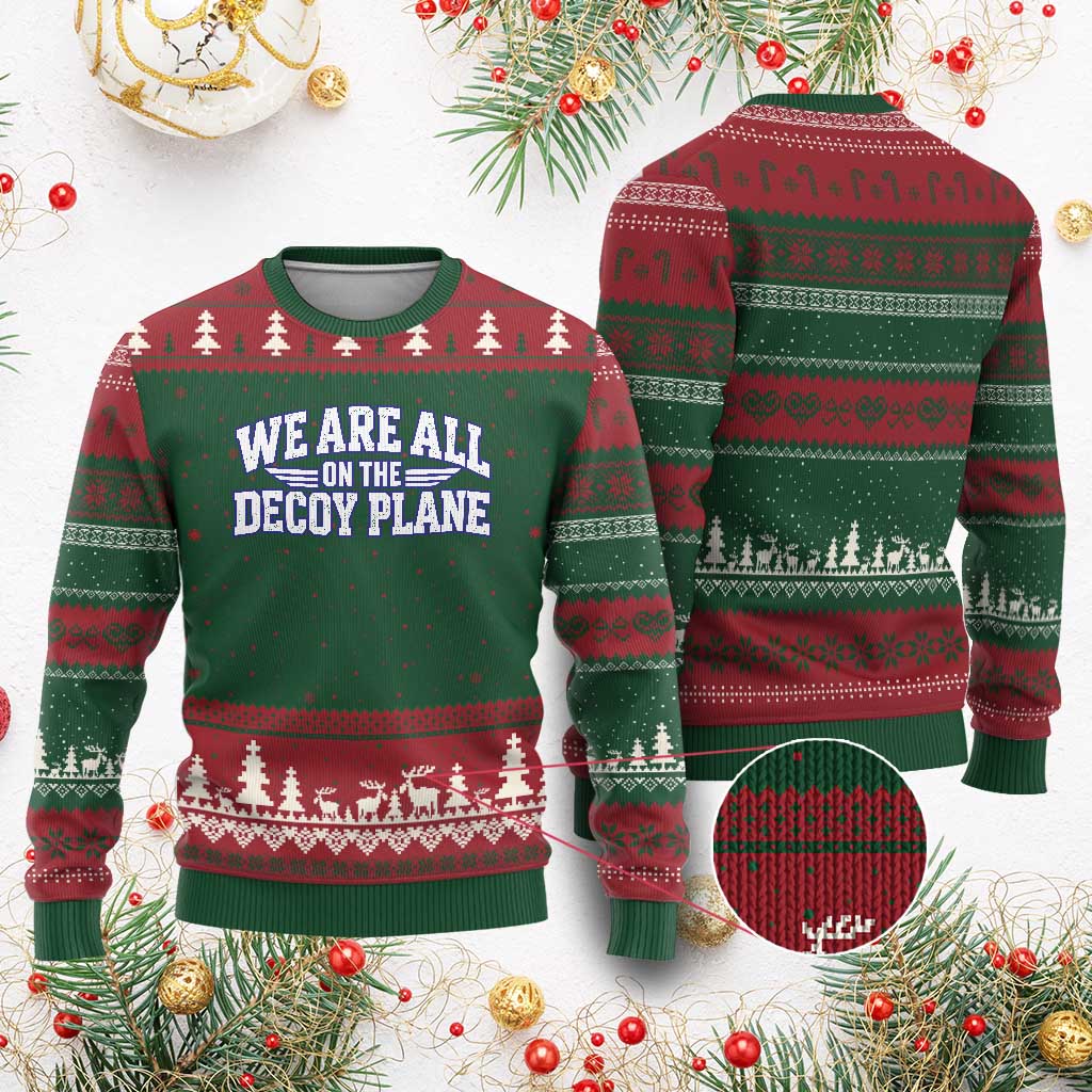 We Are All On The Decoy Plane Theories Aviator Wings Blue Ugly Christmas Sweater Funny Satirical Meme Conspiracy Commentary