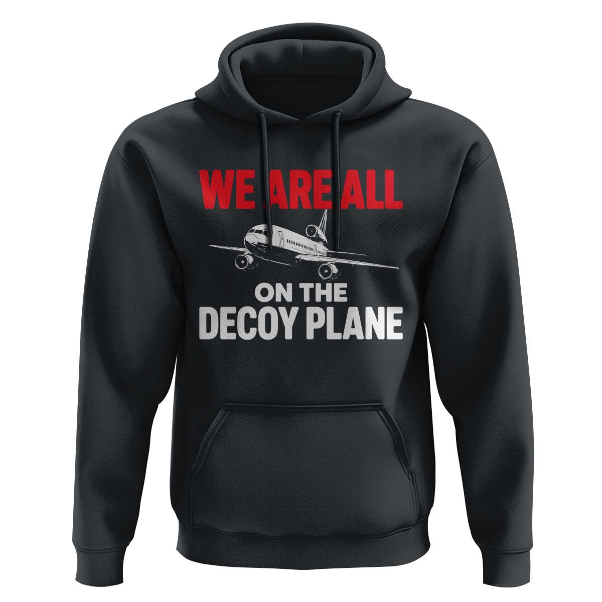 We Are All On The Decoy Plane Theories Trijet Aircraft Graphic Hoodie Funny Satirical Meme Conspiracy Commentary