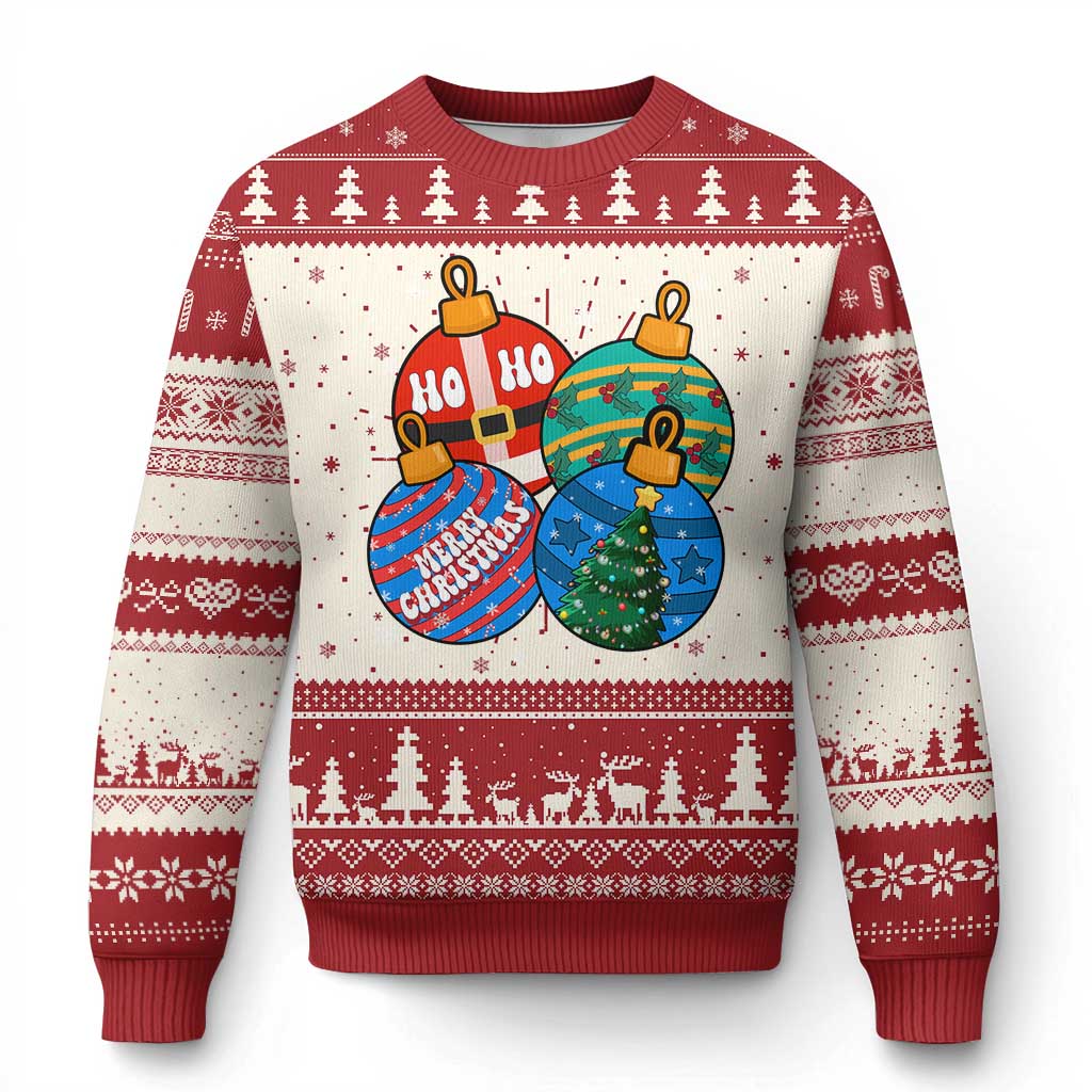 Retro Groovy Merry Christmas Ornament Ho Ho Ho Ugly Christmas Sweater - Wonder Print Shop