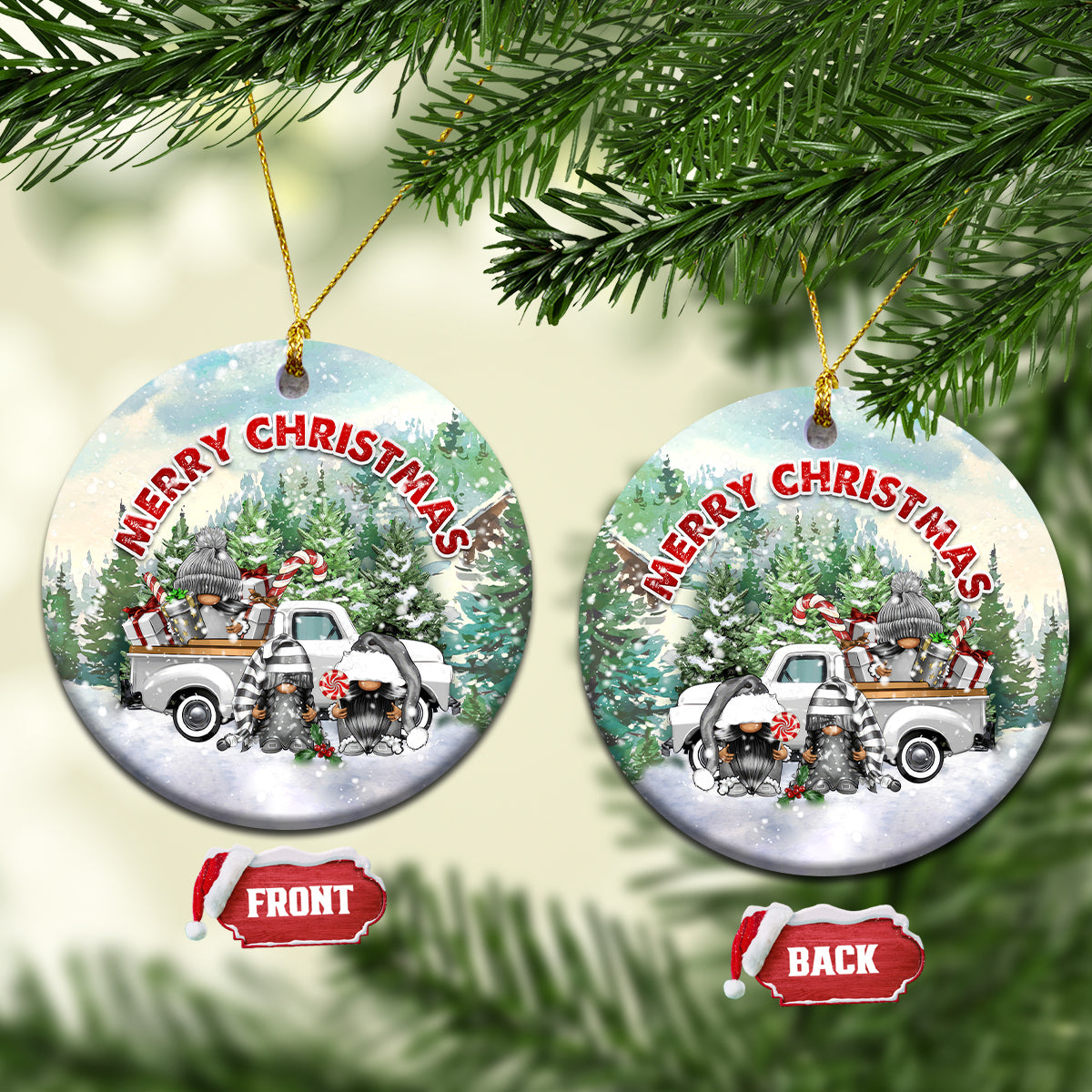 Gnome Christmas Ceramic Ornament Merry Christmas Pickup Truck Gnomies - Wonder Print Shop