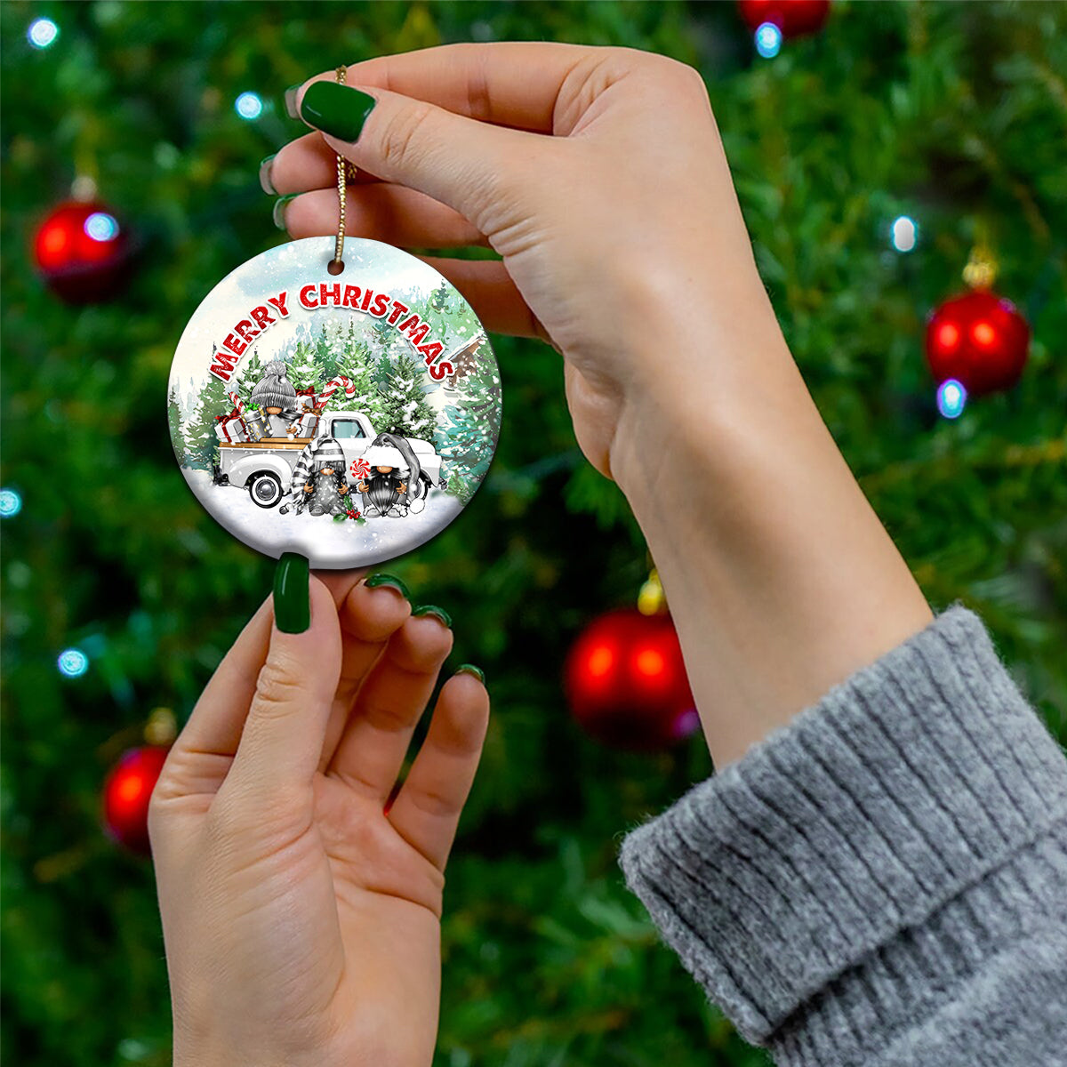 Gnome Christmas Ceramic Ornament Merry Christmas Pickup Truck Gnomies - Wonder Print Shop
