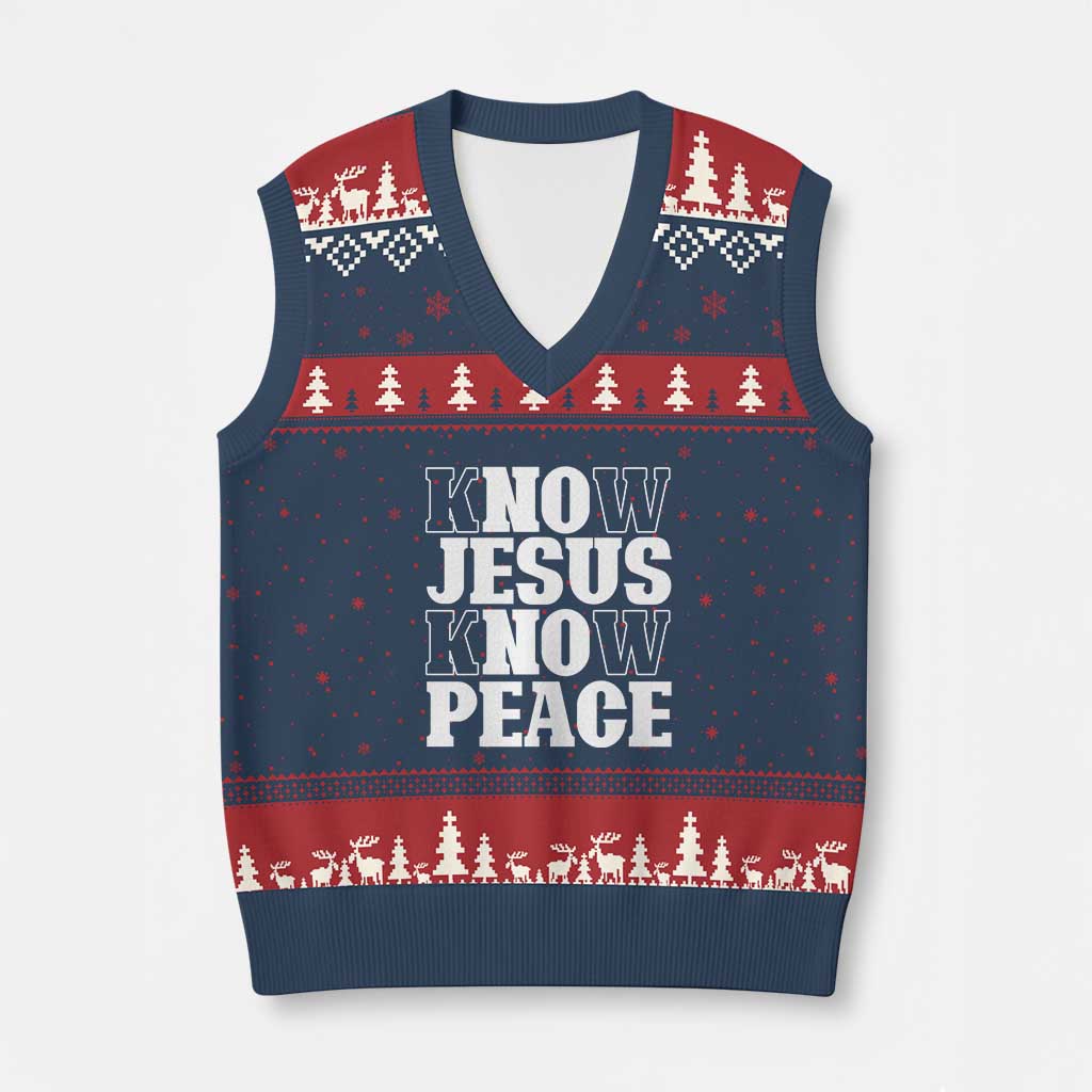 Know Jesus Know Peace V-Neck Knit Sweater Vest No Jesus No Peace - Wonder Print Shop