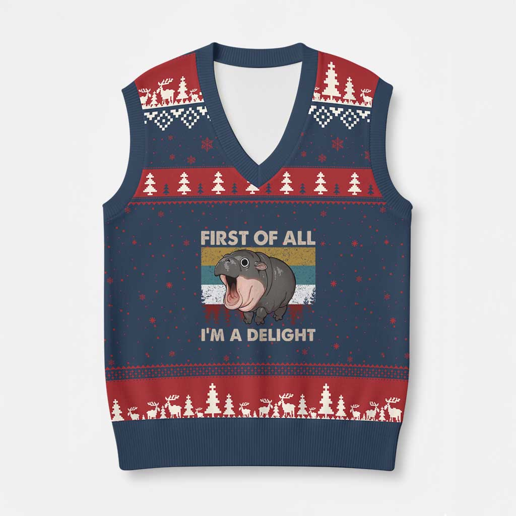 Funny Screaming Moo Deng V-Neck Knit Sweater Vest First Of All I'm A Delight Retro Vintage - Wonder Print Shop