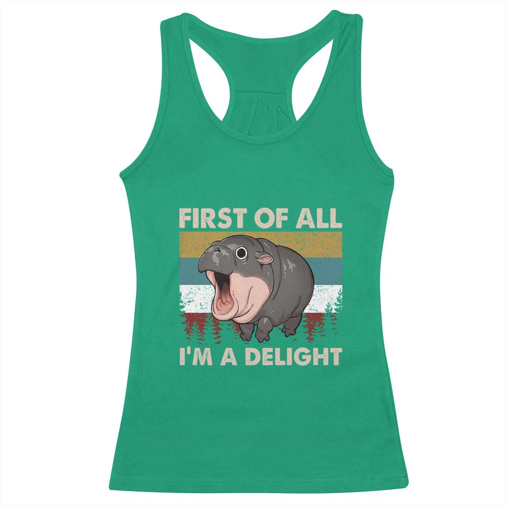 Funny Screaming Moo Deng Racerback Tank Top First Of All I'm A Delight Retro Vintage