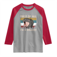 Funny Screaming Moo Deng Raglan Shirt First Of All I'm A Delight Retro Vintage
