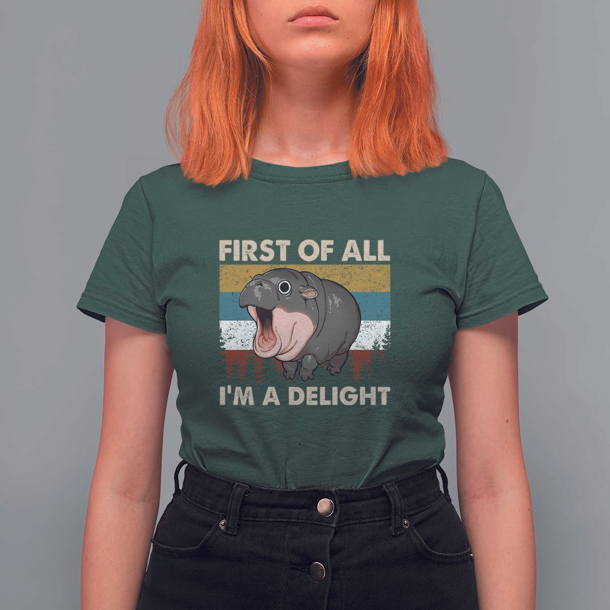 Funny Screaming Moo Deng T Shirt For Women First Of All I'm A Delight Retro Vintage - Wonder Print Shop