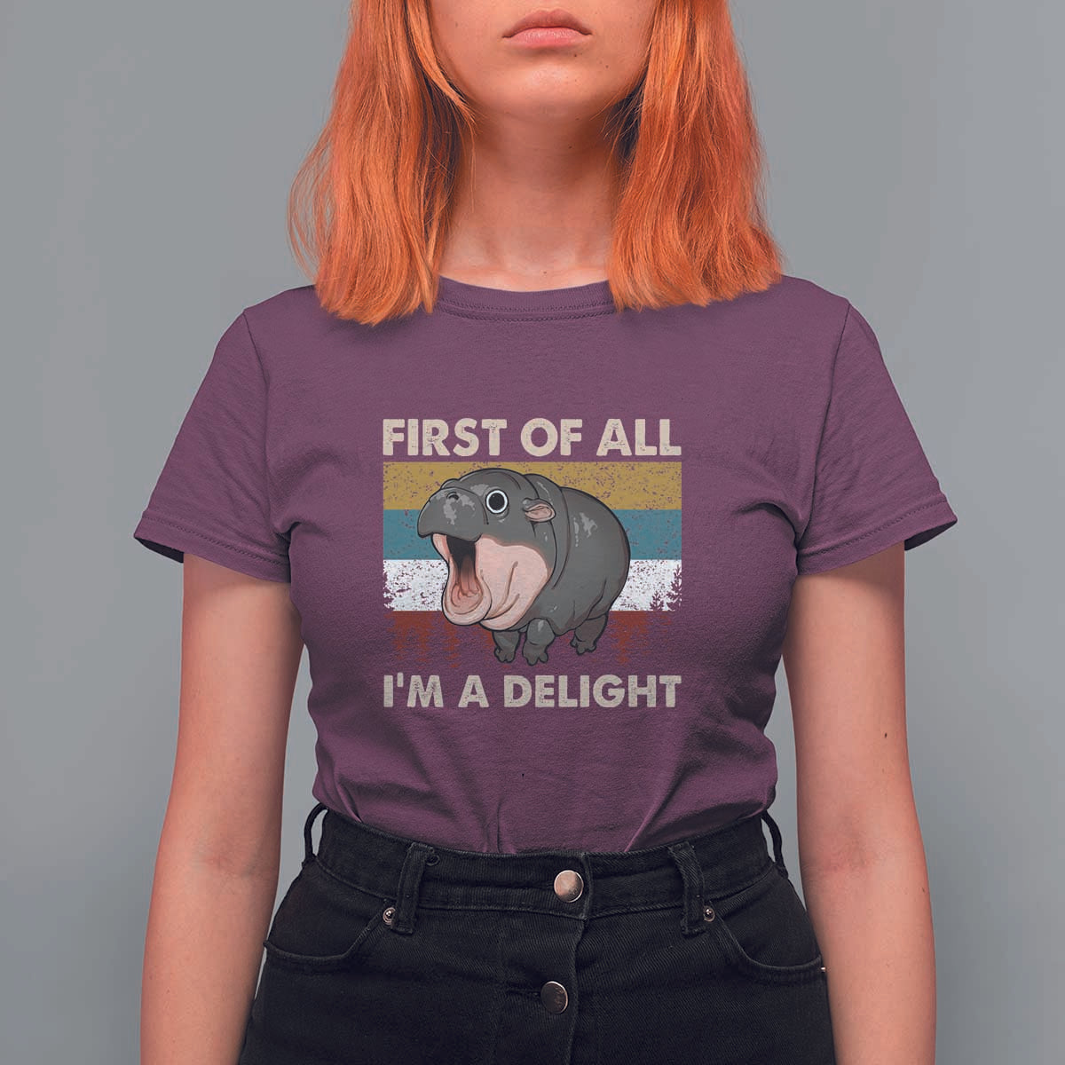 Funny Screaming Moo Deng T Shirt For Women First Of All I'm A Delight Retro Vintage - Wonder Print Shop