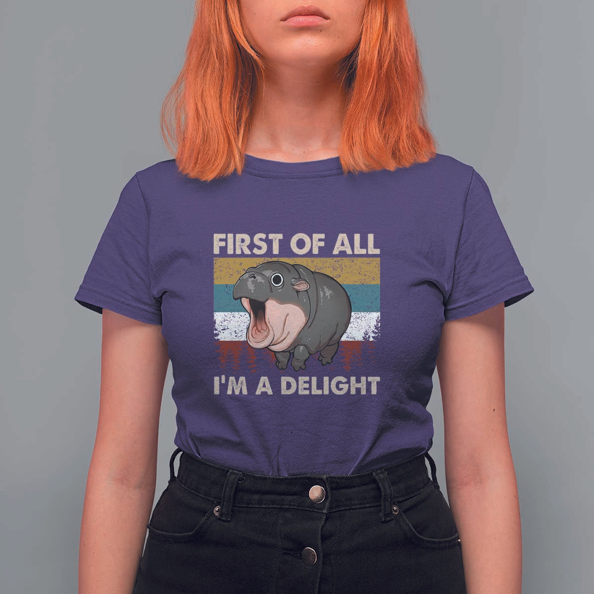 Funny Screaming Moo Deng T Shirt For Women First Of All I'm A Delight Retro Vintage - Wonder Print Shop