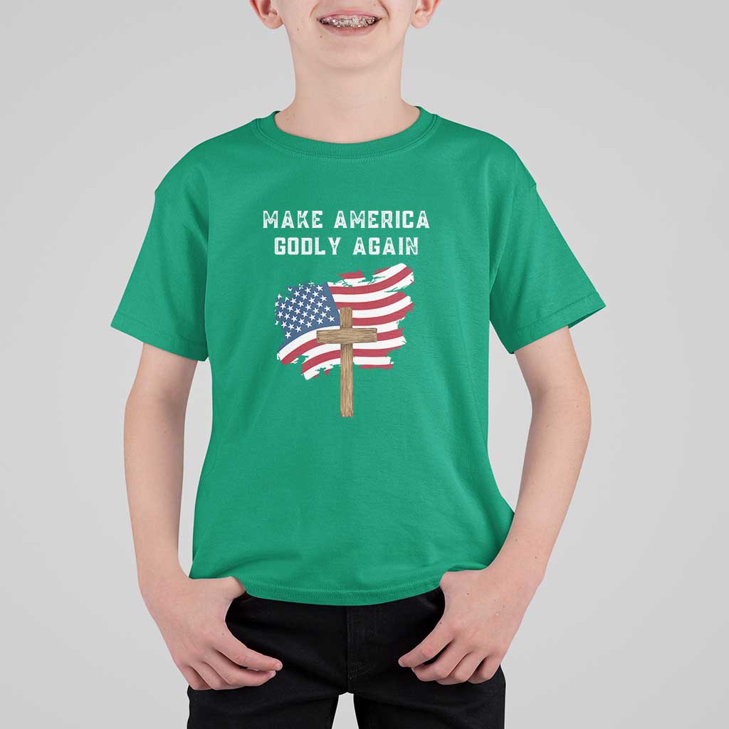Christian Faith T Shirt For Kid Make America Godly Again American Flag - Wonder Print Shop