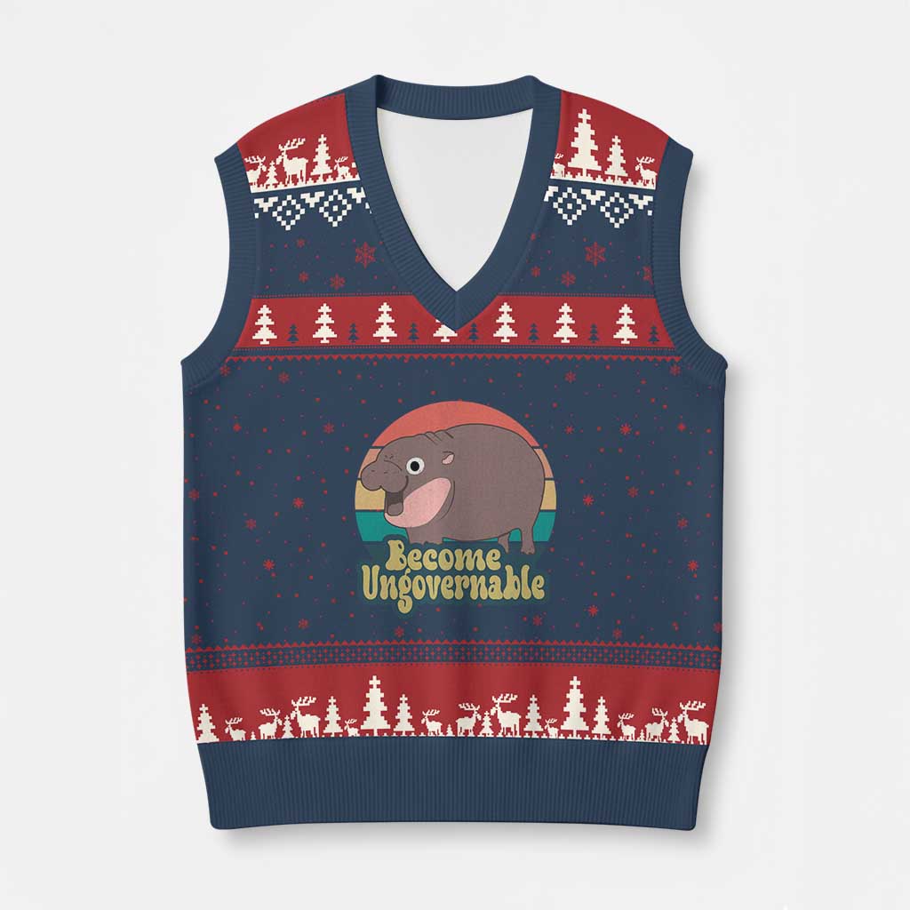 Funny Baby Hippo Moo Deng V-Neck Knit Sweater Vest Become Ungovernable Retro - Wonder Print Shop