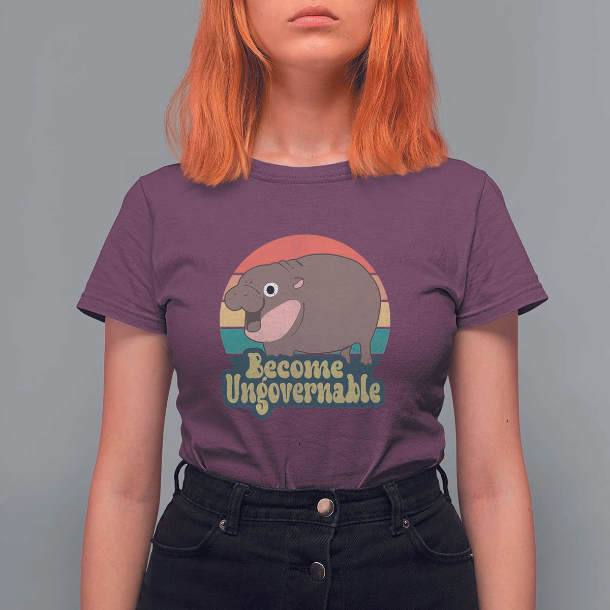 Funny Baby Hippo Moo Deng T Shirt For Women Become Ungovernable Retro - Wonder Print Shop