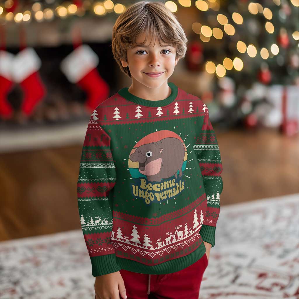 Funny Baby Hippo Moo Deng Ugly Christmas Sweater Become Ungovernable Retro - Wonder Print Shop