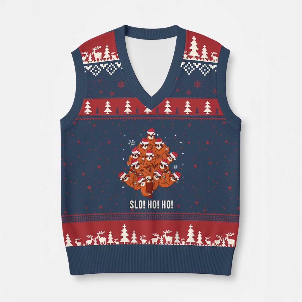 Funny Sloth Xmas Tree V-Neck Knit Sweater Vest Slo Ho Ho Ho Santa Hat - Wonder Print Shop