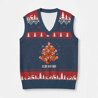 Funny Sloth Xmas Tree V-Neck Knit Sweater Vest Slo Ho Ho Ho Santa Hat - Wonder Print Shop