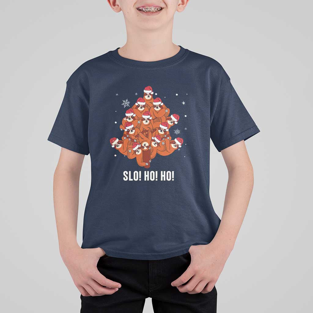 Funny Sloth Christmas Tree T Shirt For Kid Slo Ho Ho Ho Santa Hat - Wonder Print Shop