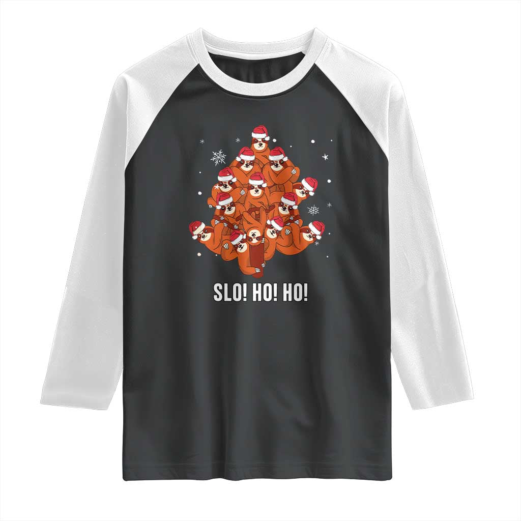 Funny Sloth Christmas Tree Raglan Shirt Slo Ho Ho Ho Santa Hat